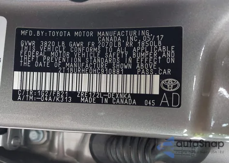 2017 Toyota Corolla Le from USA, damaged, VIN 2T1BURHE0HC910881